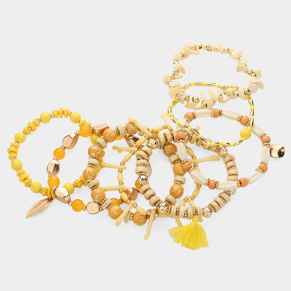8PCS - Wood Multi Beaded Metal Leaf Tassel Charm Stretch Multi Layered Bracelets
