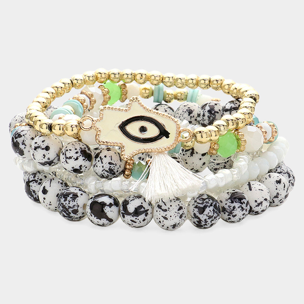 8PCS - Eveil Eye Hamsa Hand Pointed Tassel Charm Various Beads Beaded Stretch Multi Layered Bracelets