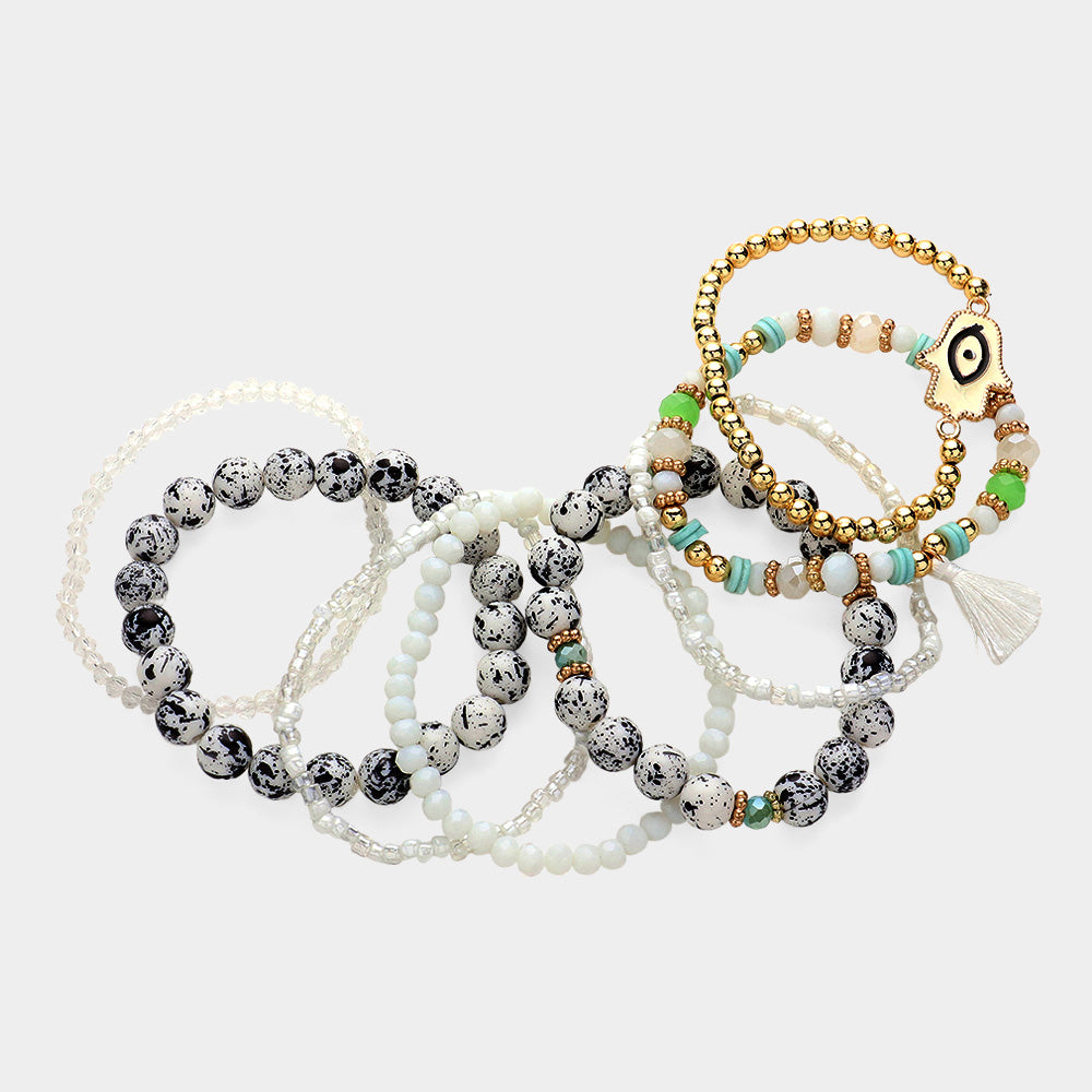 8PCS - Eveil Eye Hamsa Hand Pointed Tassel Charm Various Beads Beaded Stretch Multi Layered Bracelets