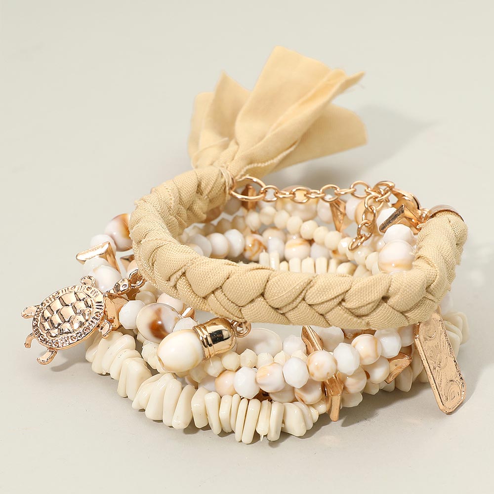 6PCS - Boho Turtle Beach Theme Charm Beaded Stretch Multi Layered Bracelets