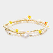 3PCS - Mother Of Pearl Flower Quatrefoil Pointed Beaded Multi Layered Bracelets