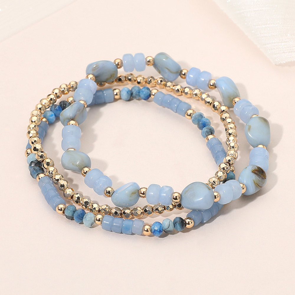 3PCS - Resin Pebble Metal Ball Beaded Stretch Multi Layered Bracelets