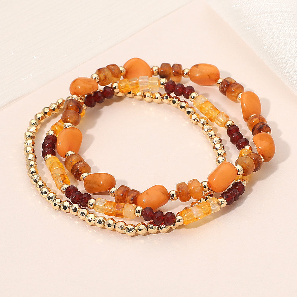 3PCS - Resin Pebble Metal Ball Beaded Stretch Multi Layered Bracelets