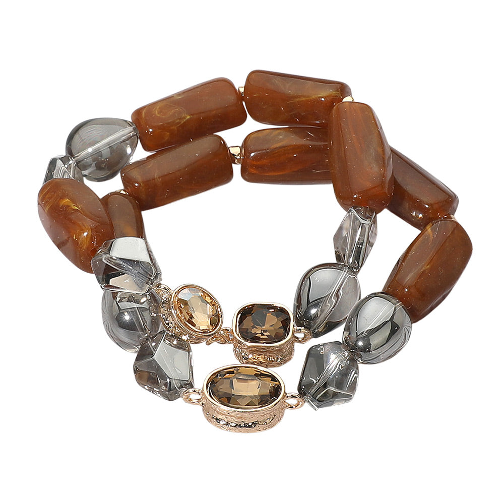 2PCS - Chunky Marbled Resin Pebble Faceted Stone Beaded Stretch Multi Layered Bracelets