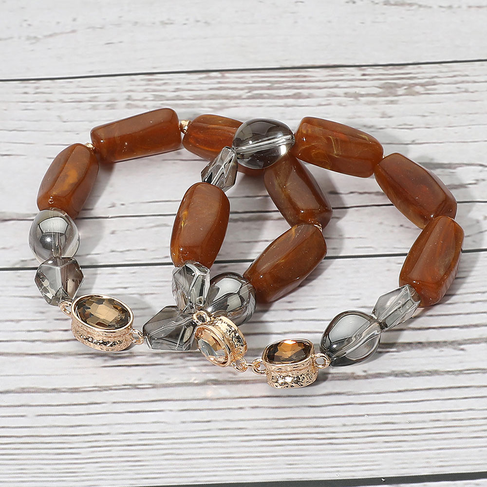 2PCS - Chunky Marbled Resin Pebble Faceted Stone Beaded Stretch Multi Layered Bracelets
