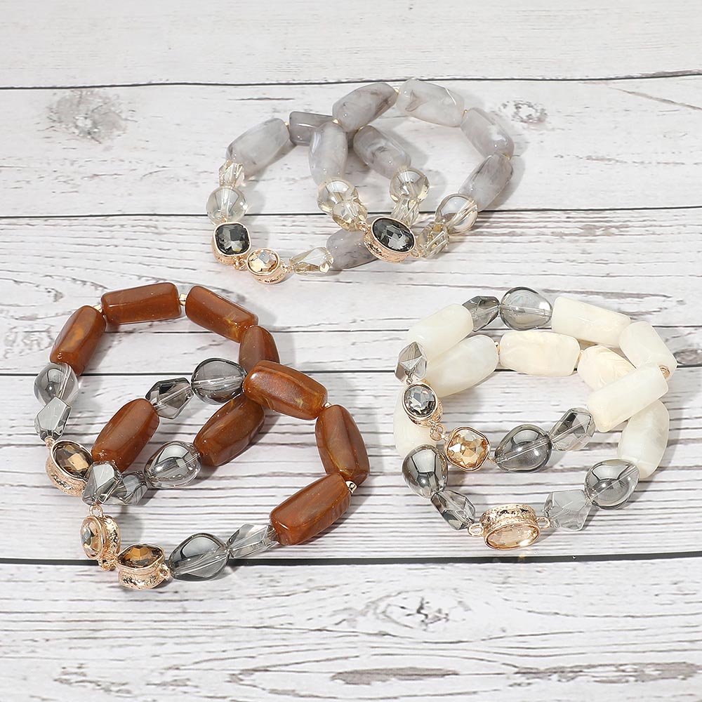 2PCS - Chunky Marbled Resin Pebble Faceted Stone Beaded Stretch Multi Layered Bracelets