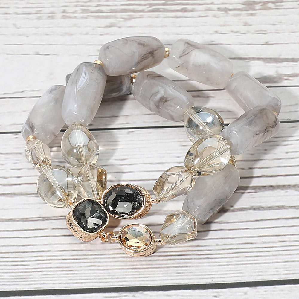 2PCS - Chunky Marbled Resin Pebble Faceted Stone Beaded Stretch Multi Layered Bracelets