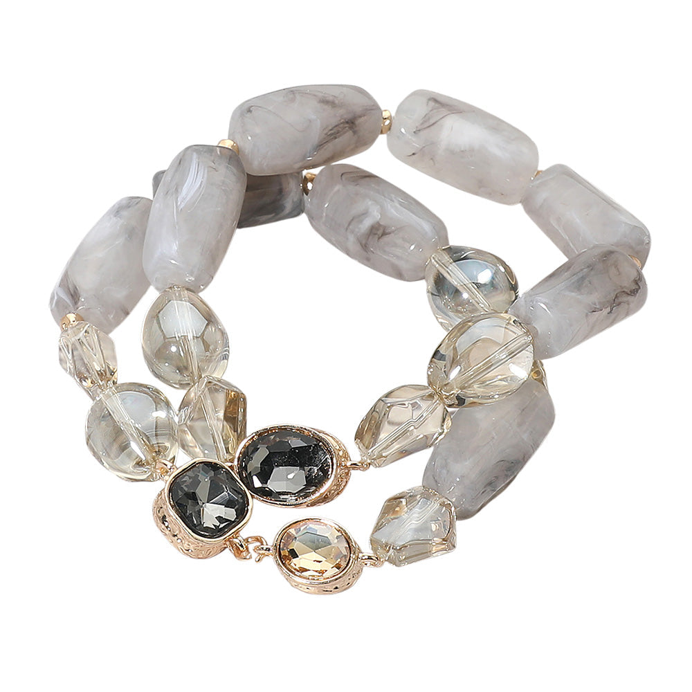 2PCS - Chunky Marbled Resin Pebble Faceted Stone Beaded Stretch Multi Layered Bracelets