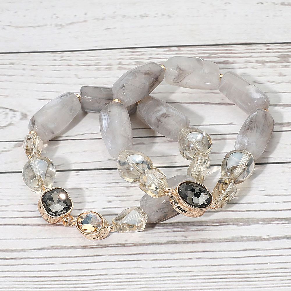 2PCS - Chunky Marbled Resin Pebble Faceted Stone Beaded Stretch Multi Layered Bracelets