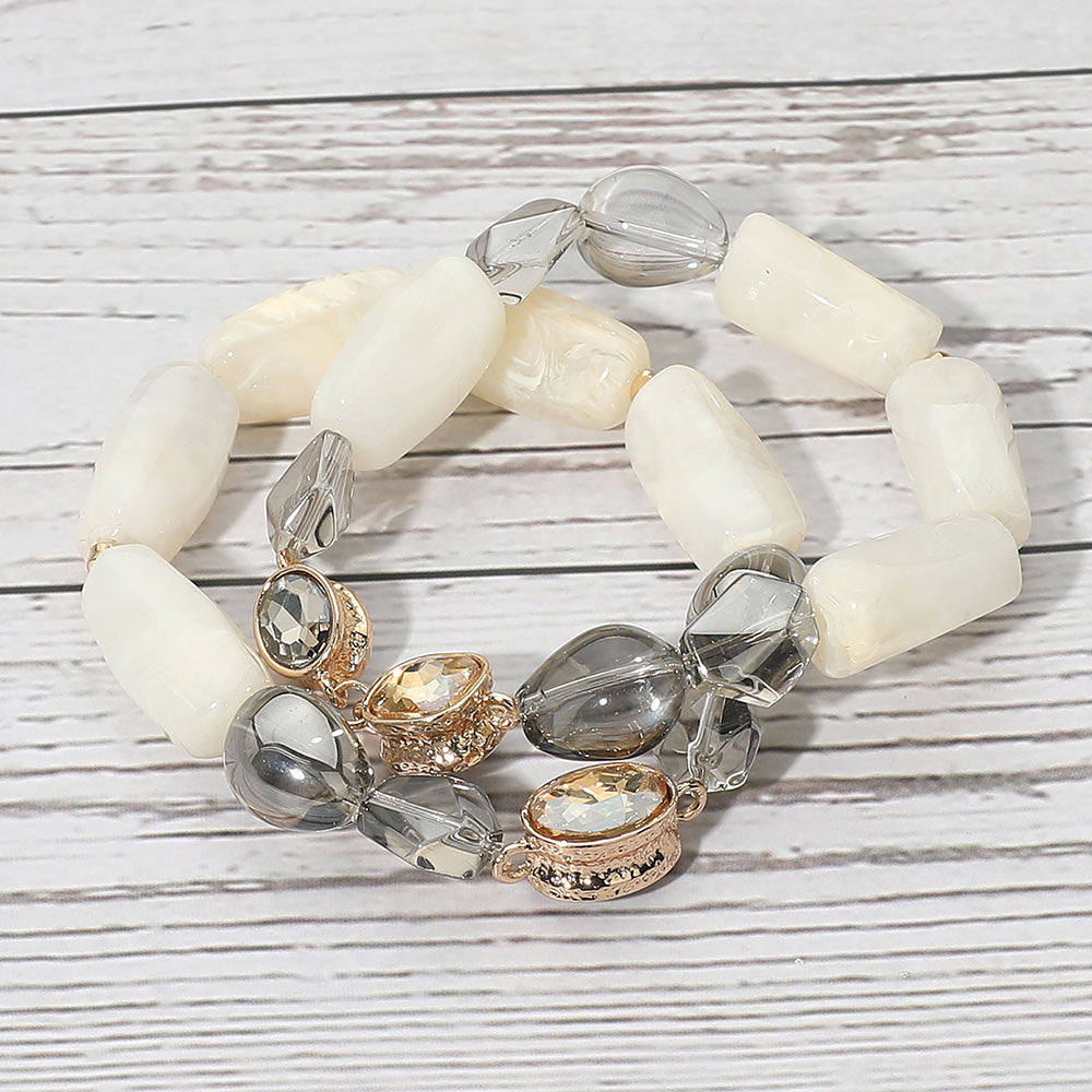 2PCS - Chunky Marbled Resin Pebble Faceted Stone Beaded Stretch Multi Layered Bracelets