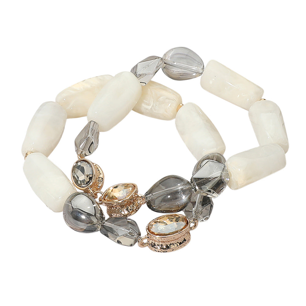 2PCS - Chunky Marbled Resin Pebble Faceted Stone Beaded Stretch Multi Layered Bracelets