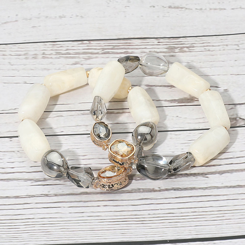 2PCS - Chunky Marbled Resin Pebble Faceted Stone Beaded Stretch Multi Layered Bracelets