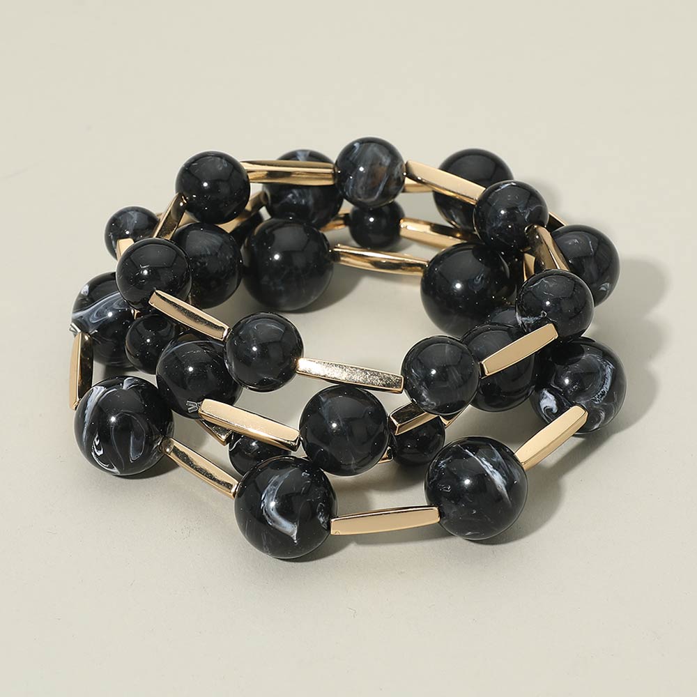 4PCS - Round Ball Metal Bar Beaded Stretch Multi Layered Bracelets