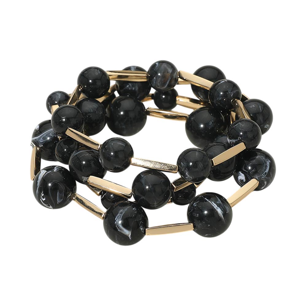 4PCS - Round Ball Metal Bar Beaded Stretch Multi Layered Bracelets