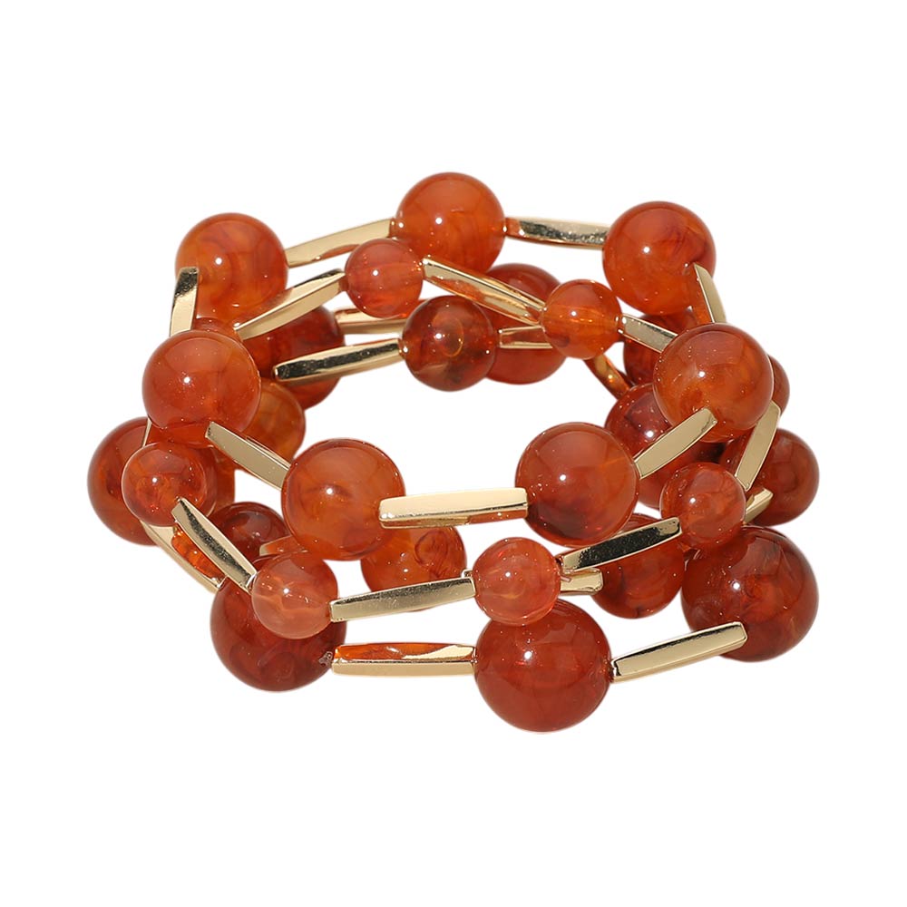 4PCS - Round Ball Metal Bar Beaded Stretch Multi Layered Bracelets