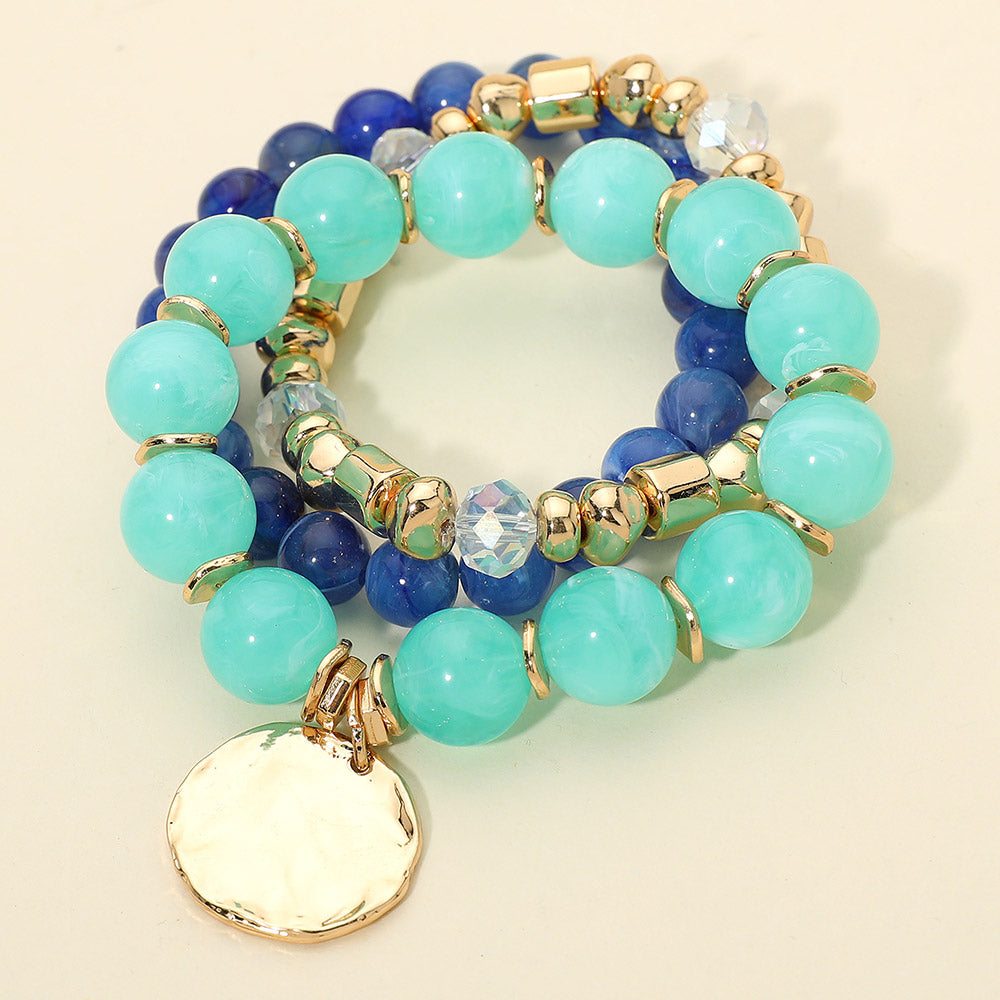 3PCS - Hammered Metal Disc Charm Accent Beaded Stretch Multi Layered Bracelets
