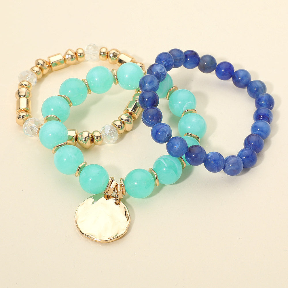 3PCS - Hammered Metal Disc Charm Accent Beaded Stretch Multi Layered Bracelets