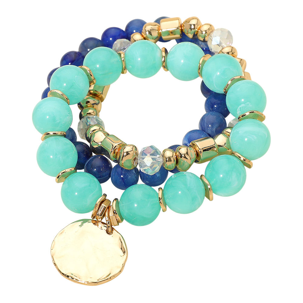 3PCS - Hammered Metal Disc Charm Accent Beaded Stretch Multi Layered Bracelets