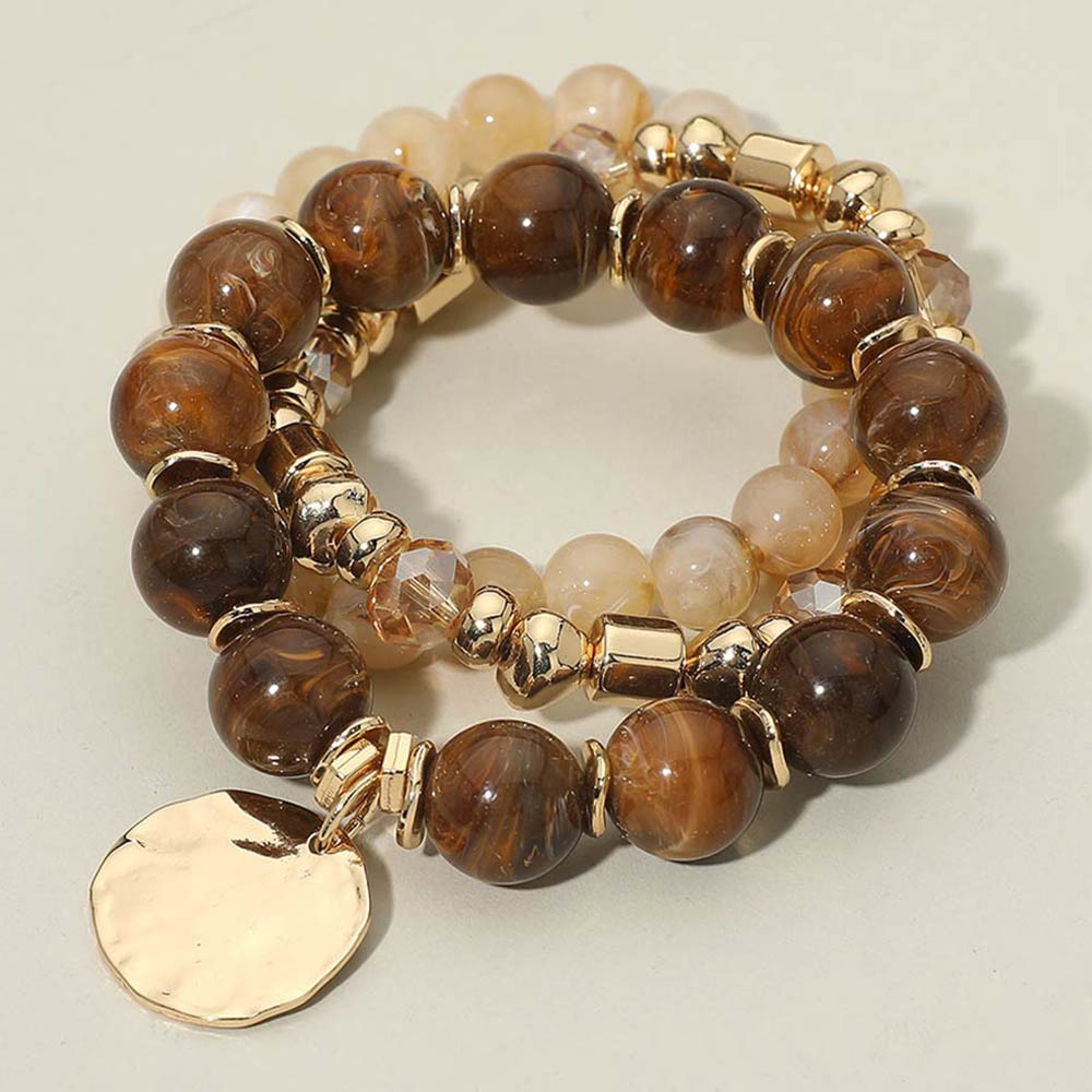 3PCS - Hammered Metal Disc Charm Accent Beaded Stretch Multi Layered Bracelets