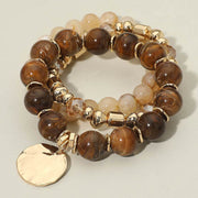 3PCS - Hammered Metal Disc Charm Accent Beaded Stretch Multi Layered Bracelets