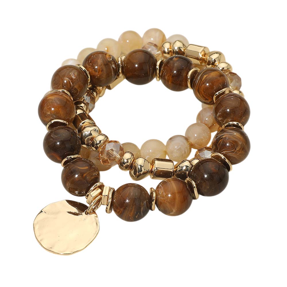 3PCS - Hammered Metal Disc Charm Accent Beaded Stretch Multi Layered Bracelets