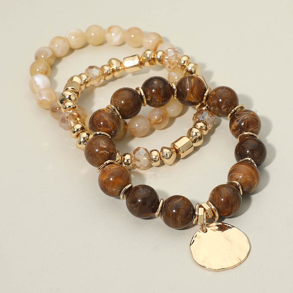 3PCS - Hammered Metal Disc Charm Accent Beaded Stretch Multi Layered Bracelets