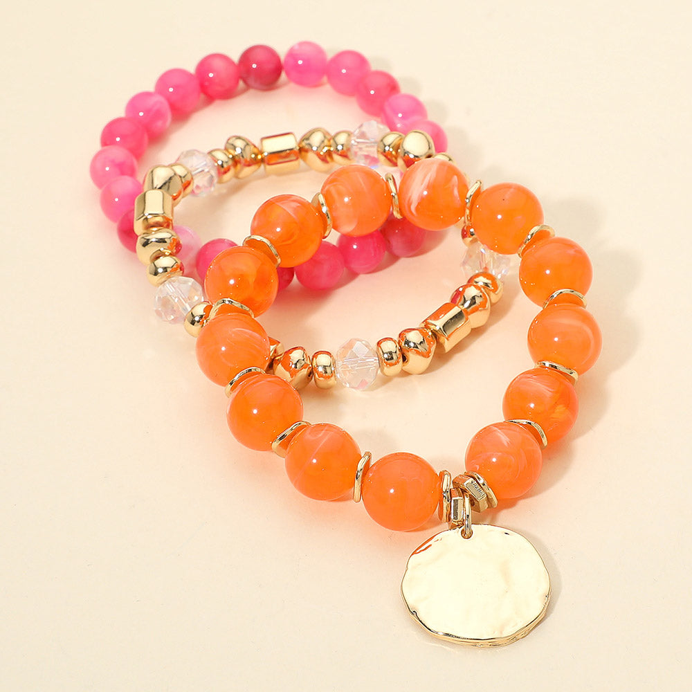 3PCS - Hammered Metal Disc Charm Accent Beaded Stretch Multi Layered Bracelets