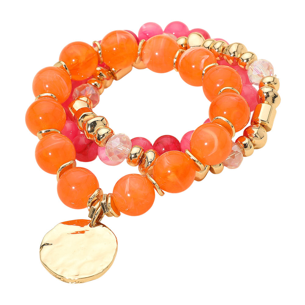 3PCS - Hammered Metal Disc Charm Accent Beaded Stretch Multi Layered Bracelets