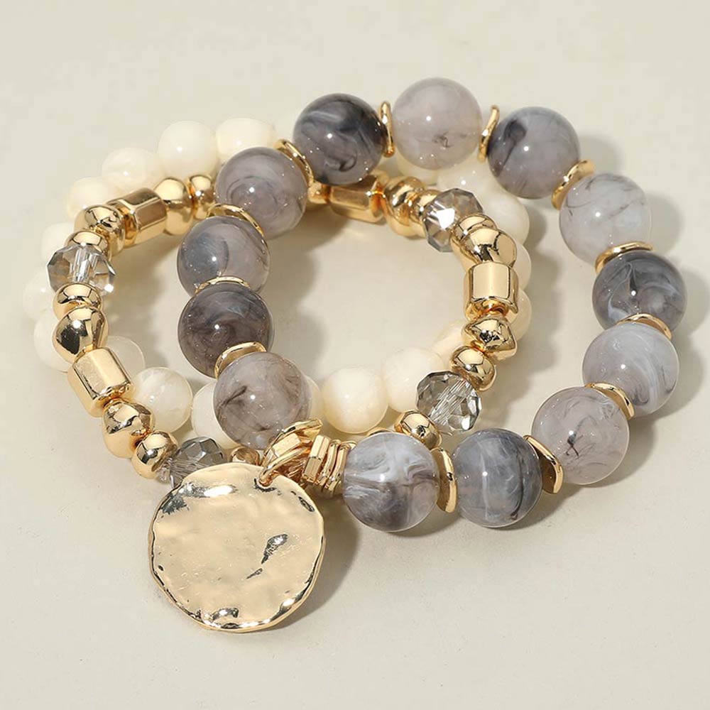 3PCS - Hammered Metal Disc Charm Accent Beaded Stretch Multi Layered Bracelets
