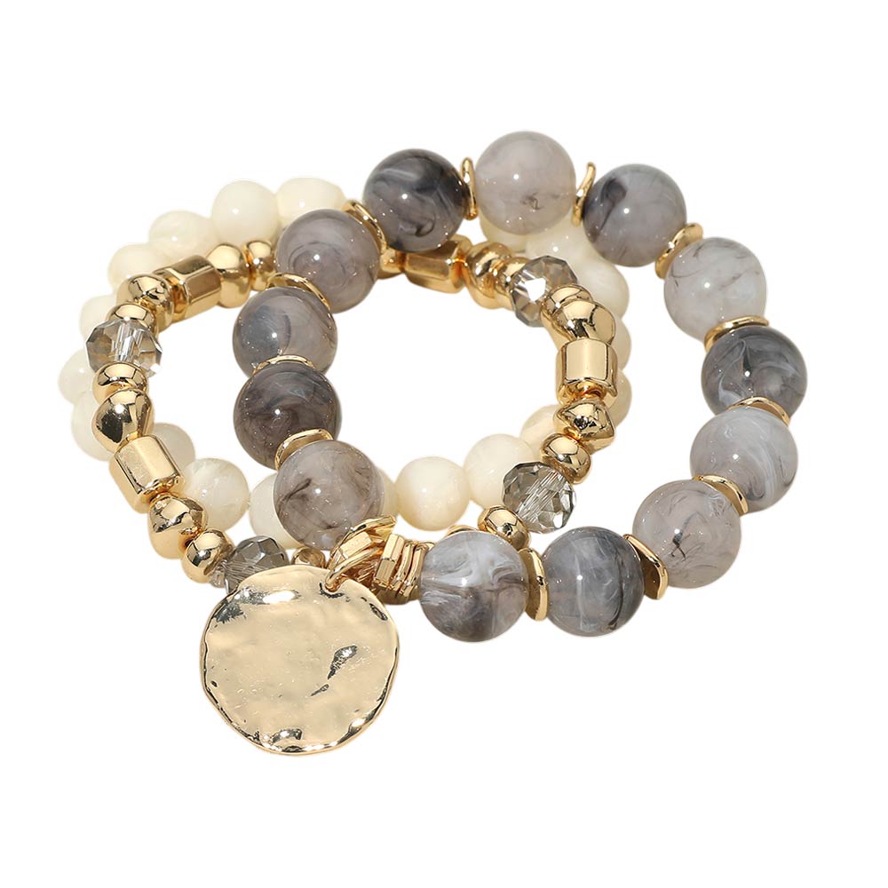 3PCS - Hammered Metal Disc Charm Accent Beaded Stretch Multi Layered Bracelets