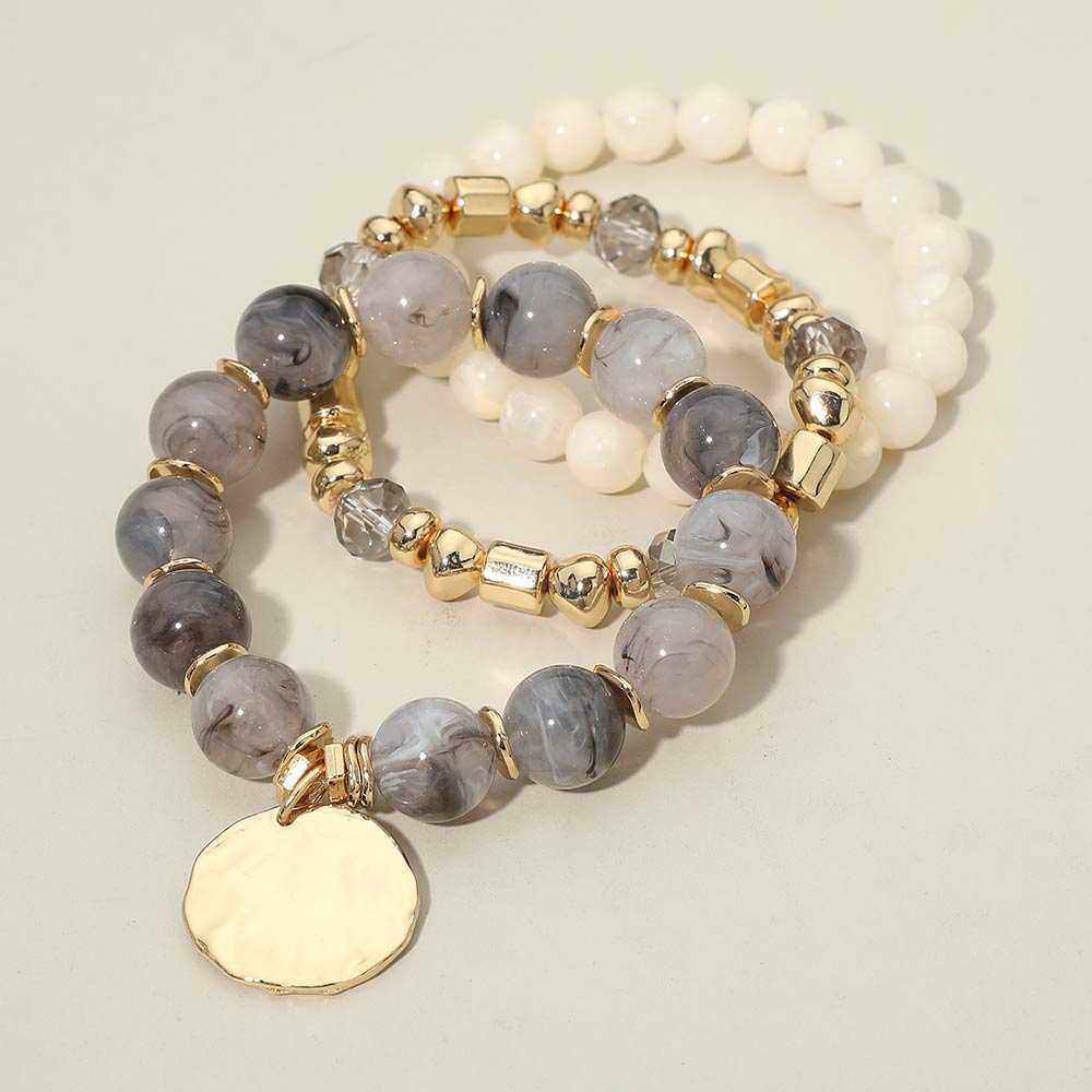 3PCS - Hammered Metal Disc Charm Accent Beaded Stretch Multi Layered Bracelets