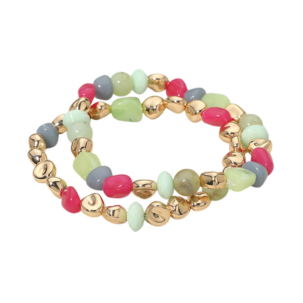 2PCS - Multicolor Pebble Beaded Stretch Multi Layered Bracelets