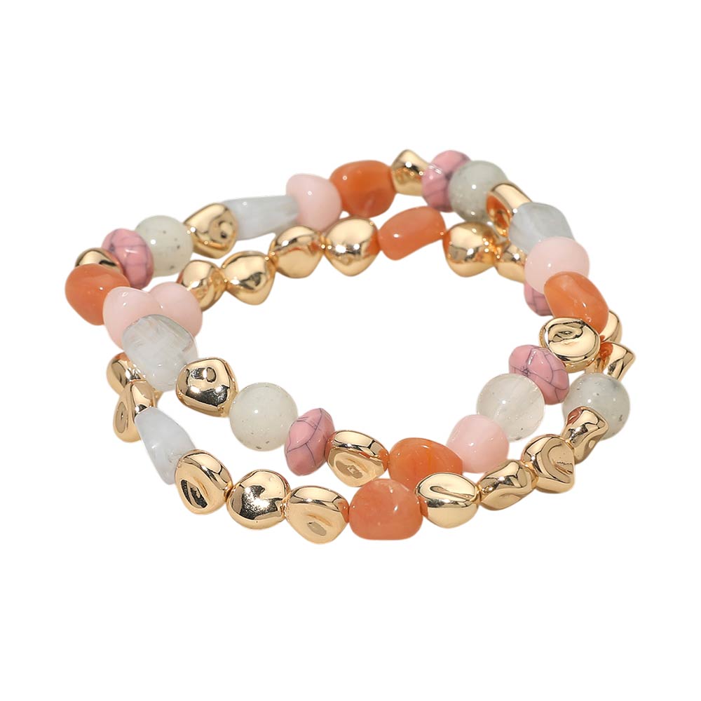 2PCS - Multicolor Pebble Beaded Stretch Multi Layered Bracelets