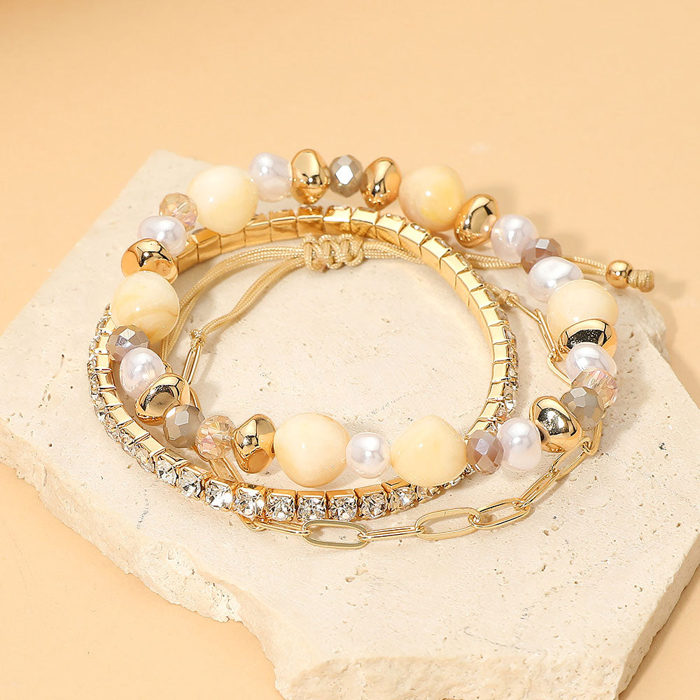 Pearl Faceted Beaded Rhinestone Stretch Paperclip Chain Multi Layered Bracelets