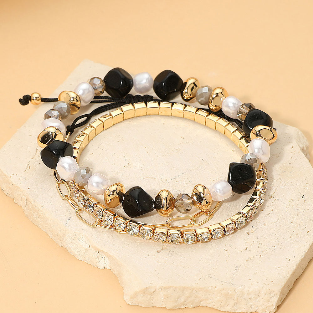 Pearl Faceted Beaded Rhinestone Stretch Paperclip Chain Multi Layered Bracelets