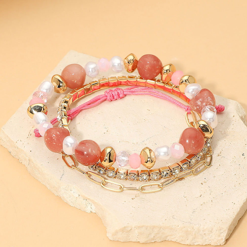 Pearl Faceted Beaded Rhinestone Stretch Paperclip Chain Multi Layered Bracelets