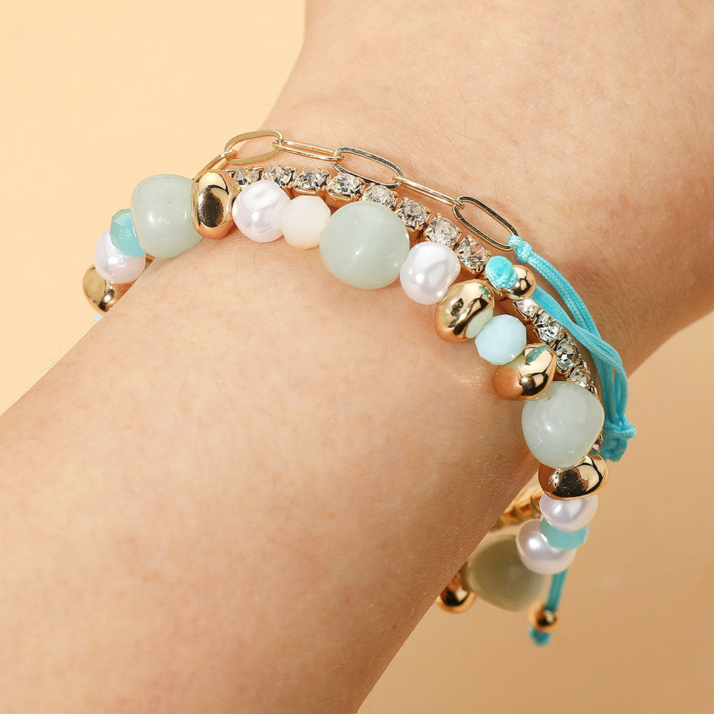 Pearl Faceted Beaded Rhinestone Stretch Paperclip Chain Multi Layered Bracelets