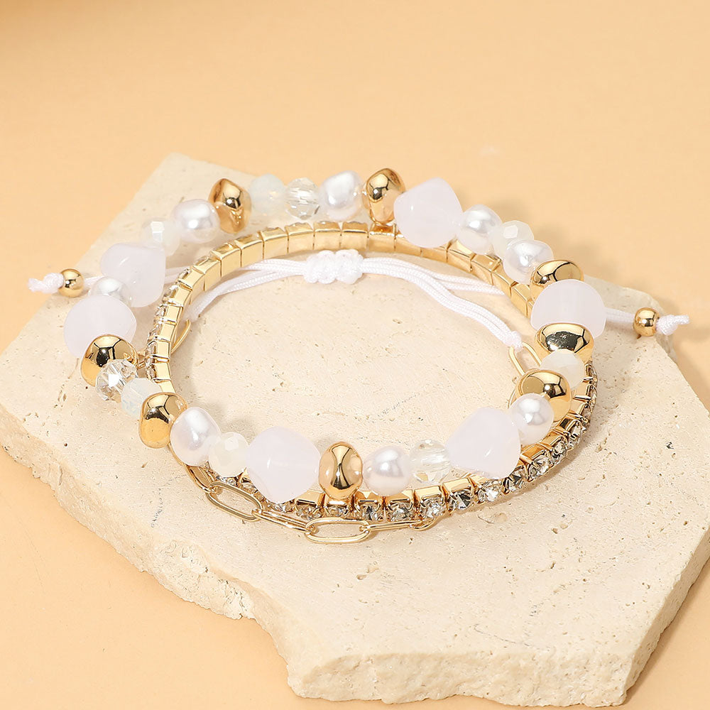 Pearl Faceted Beaded Rhinestone Stretch Paperclip Chain Multi Layered Bracelets