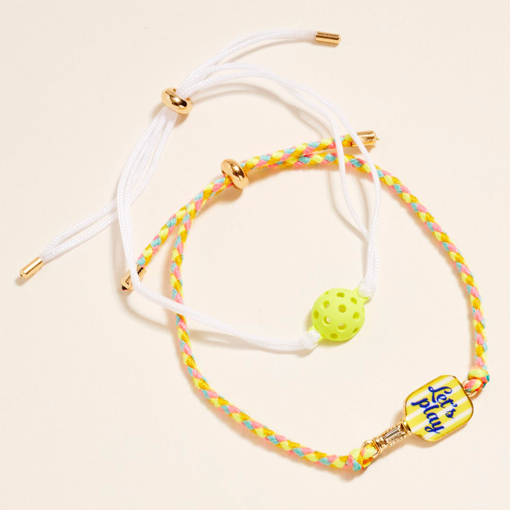 2PCS - LETS PLAY Pickleball Paddle Ball Accent Adjustable Cinch Pull Tie Bracelets