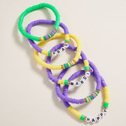 6PCS - HAPPY MARDI GRAS Message Heishi Beaded Stretch Multi Layered Bracelets