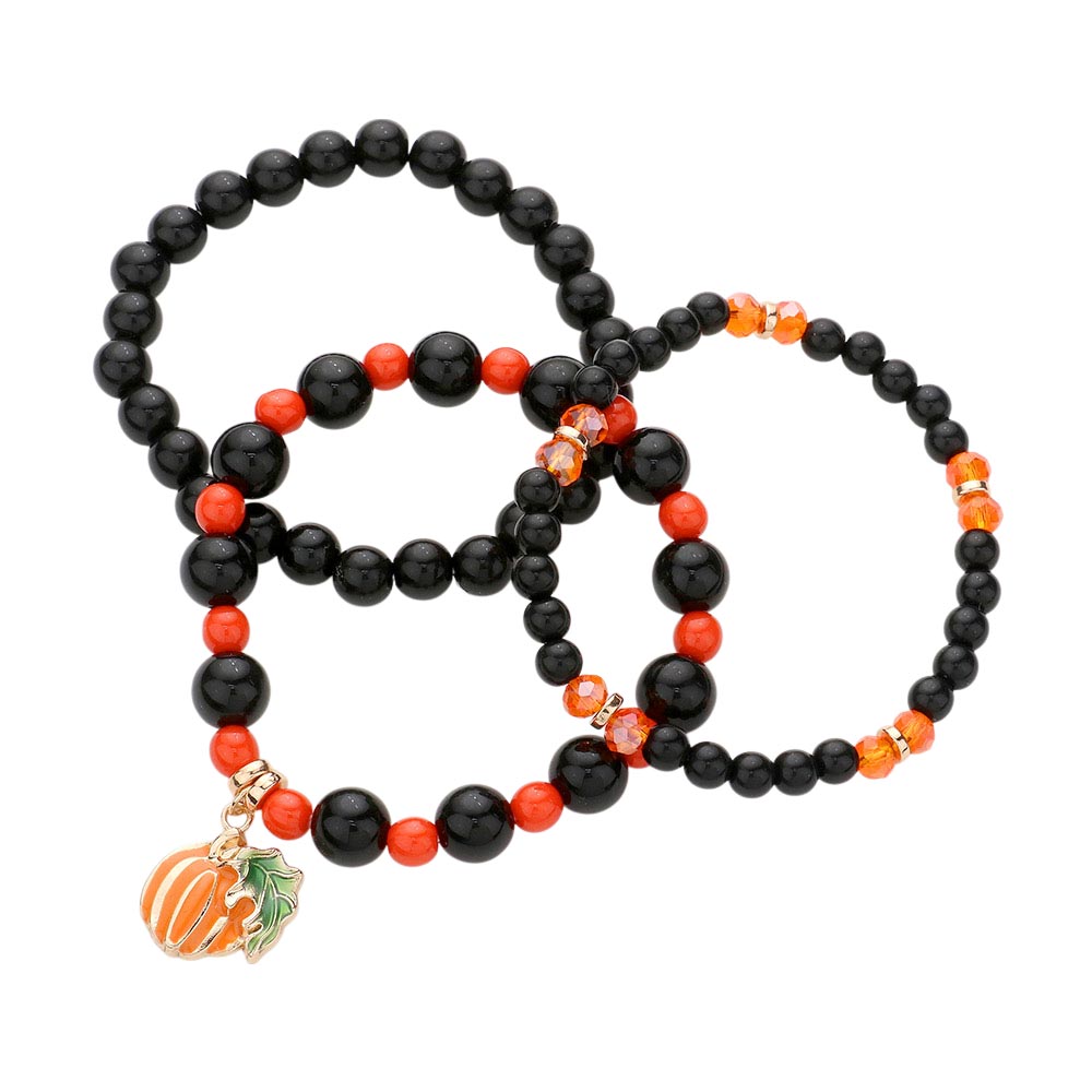 3PCS - Pumpkin Charm Beaded Stretch Bracelets