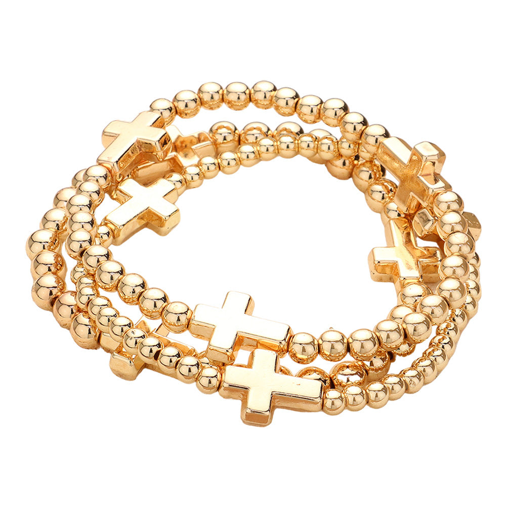 Metal Cross Pointed Ball Beaded Stretch Multi Layered Bracelets