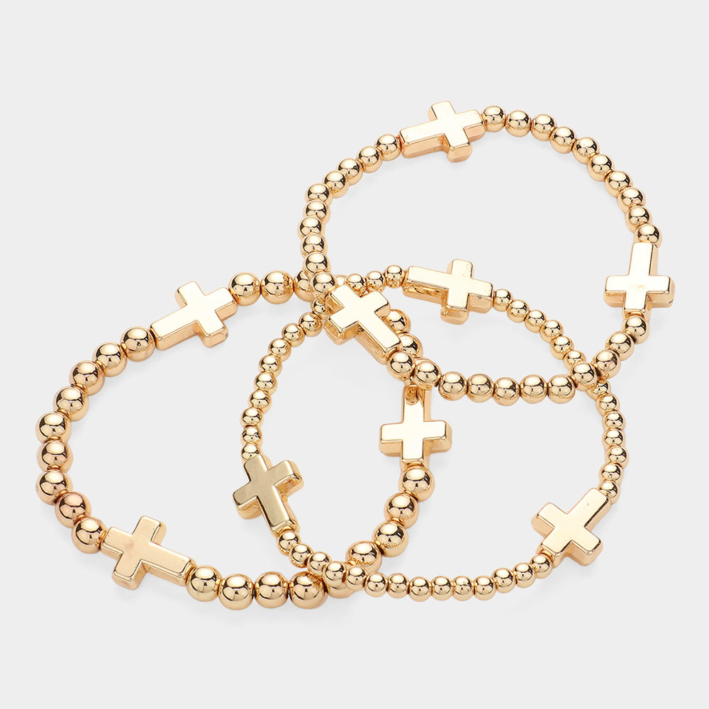 Metal Cross Pointed Ball Beaded Stretch Multi Layered Bracelets