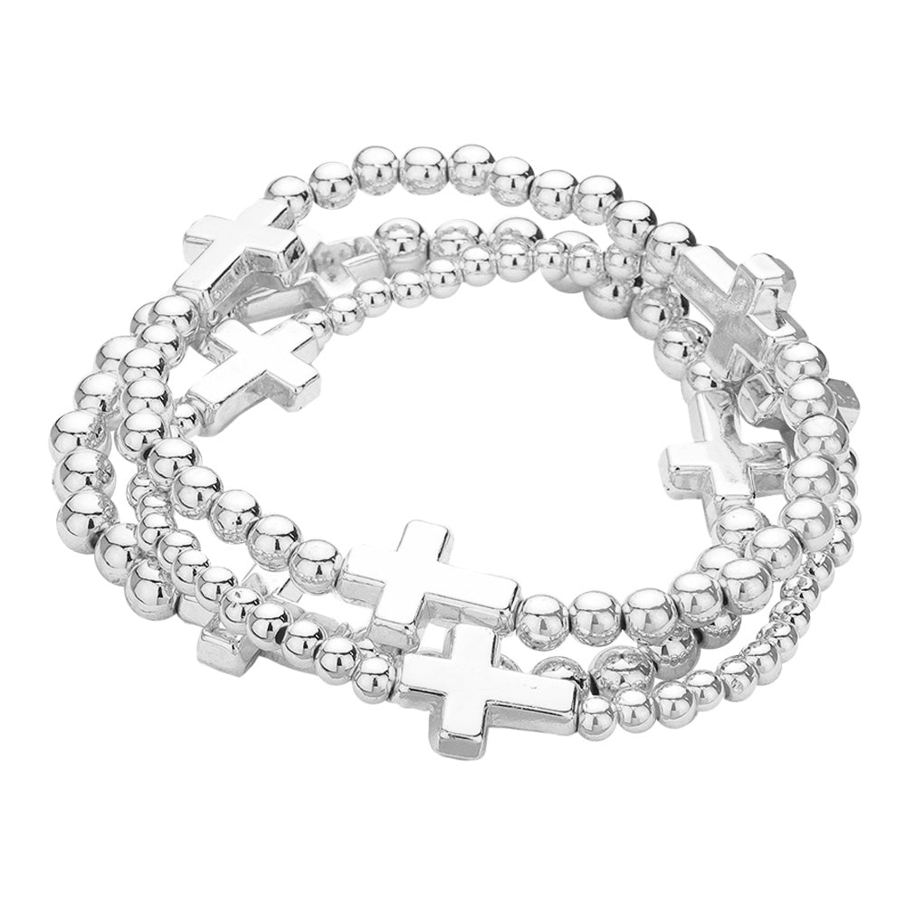 Metal Cross Pointed Ball Beaded Stretch Multi Layered Bracelets