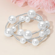 3PCS - Chunky Pearl Accent Metal Ball Beaded Stretch Multi Layered Bracelets