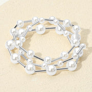 3PCS - Pearl Metal Bar Beaded Stretch Multi Layered Bracelets