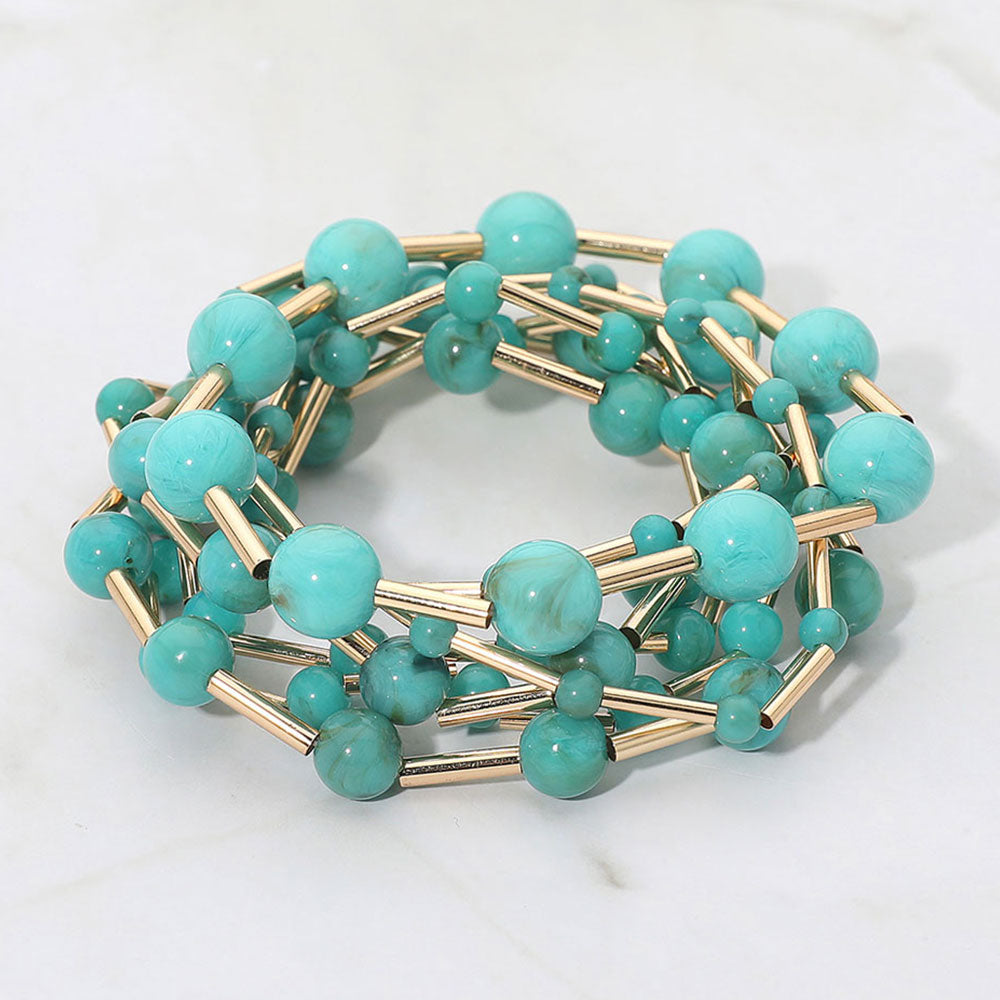 7PCS - Resin Ball Metal Bar Beaded Stretch Multi Layered Bracelets