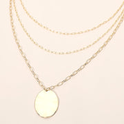 Metal Oval Disc Pendant Triple Layered Chain Necklace