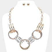 Abstract Triple Metal Wire Ring Link Statement Necklace