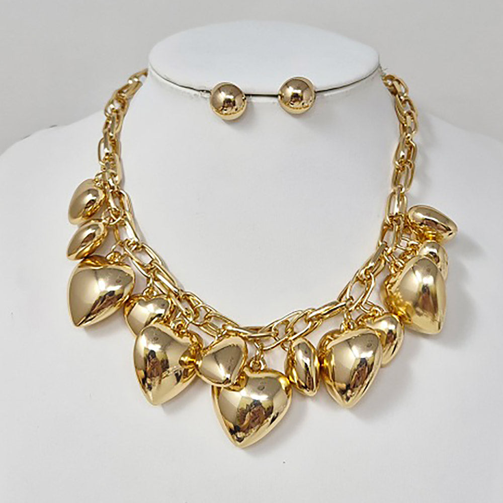 Chunky Puffy Metal Heart Charm Embellished Necklace